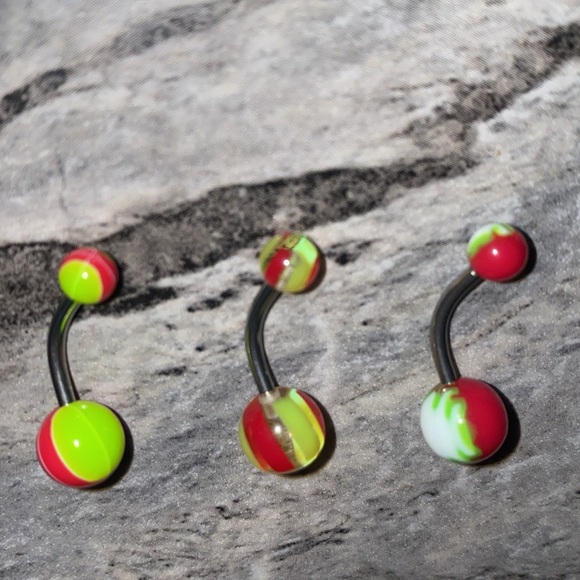 3 Belly Button Ring Set Red Green/Yellow - Picture 3 of 3